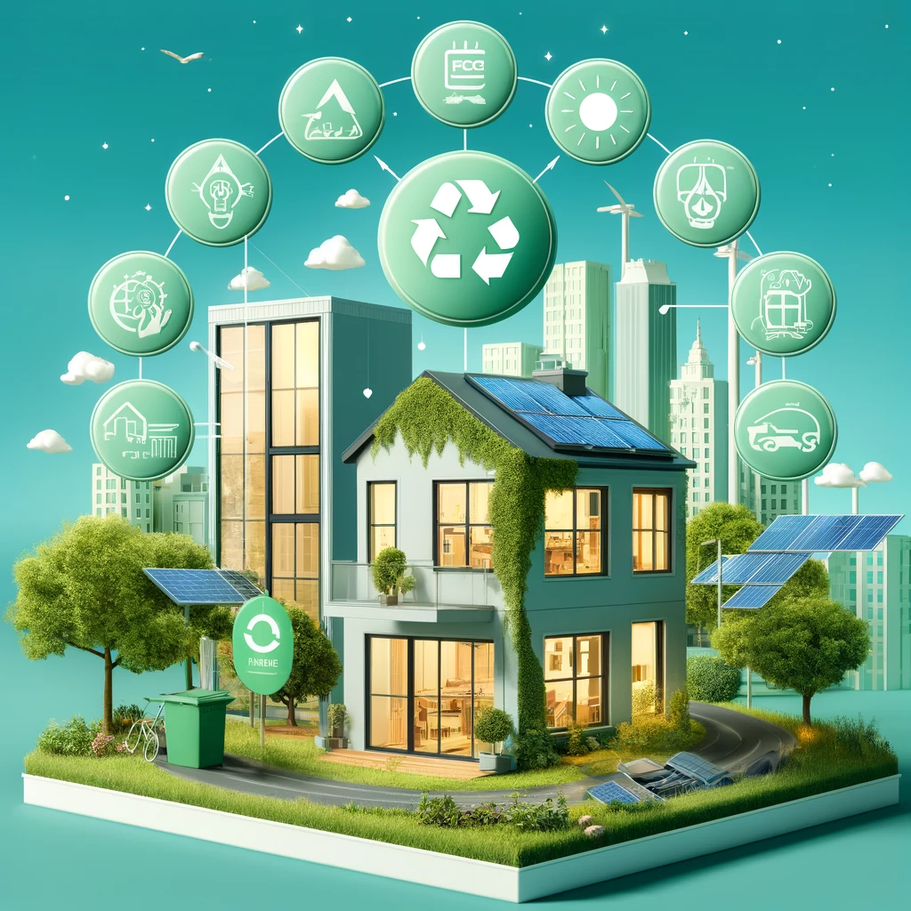 Edificio sostenibile con infissi in PVC che evidenzia riciclabilità, efficienza energetica e integrazione con tecnologie verdi come tetti verdi e pannelli solari, sottolineando l'impatto positivo sull'ambiente.