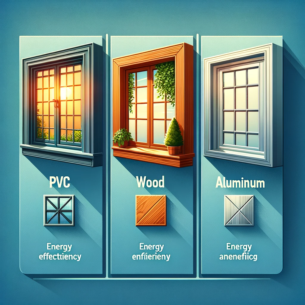 Comparazione materiali per infissi: PVC per efficienza energetica e manutenzione ridotta, legno per estetica naturale e calore, alluminio per leggerezza e durabilità, in un'immagine con tre finestre affiancate.