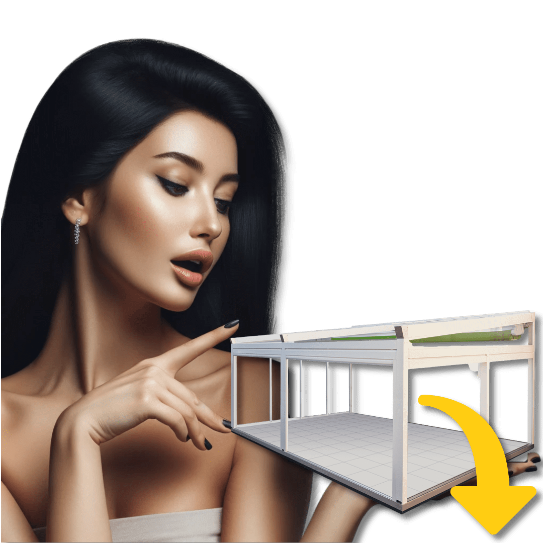 Pergola Bioclimatica con una donna elegante che lo tiene in mano